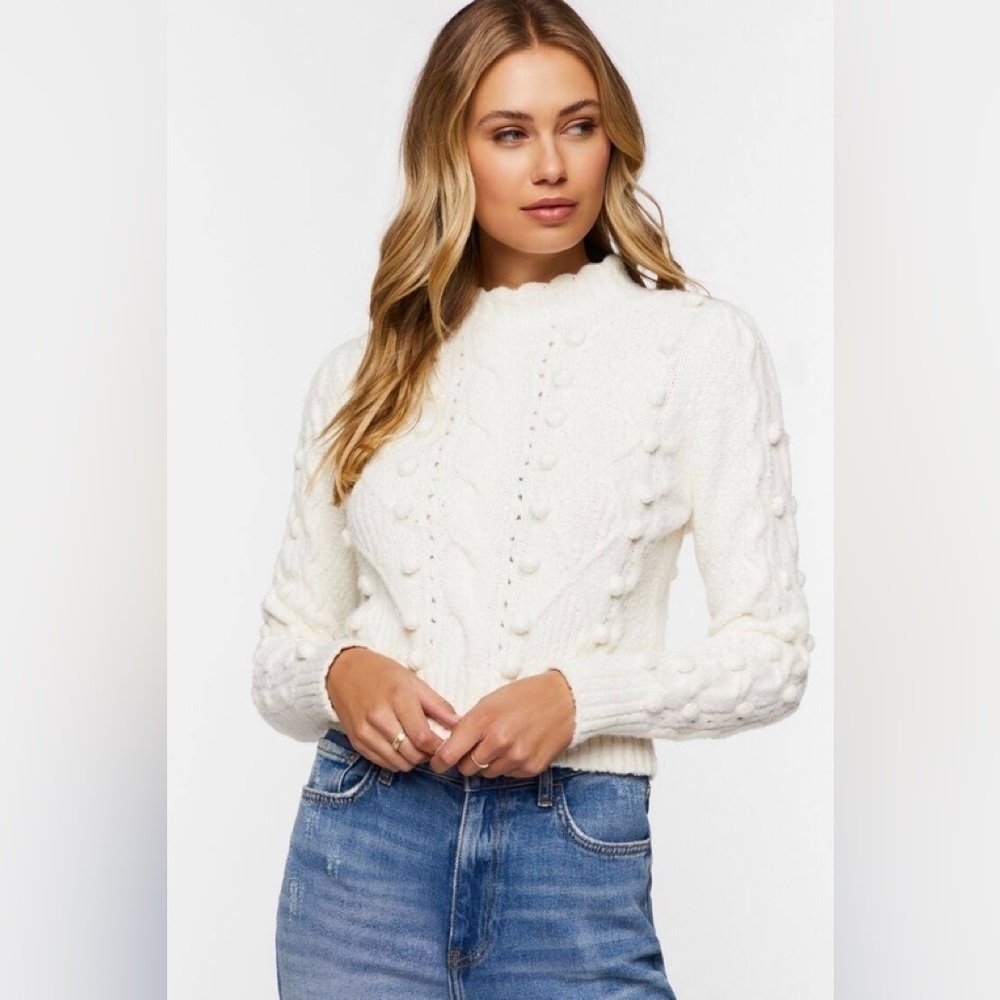 🤍 Forever 21 Cable Knit Pom Pom Sweater Medium NWT Cozy Cream